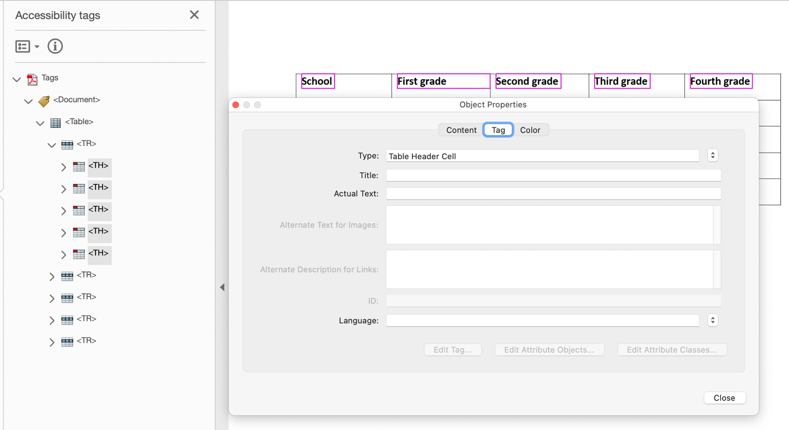 Table in Adobe Acrobat Pro showing the use of the Tag Properties dialog to change data cells to header cells