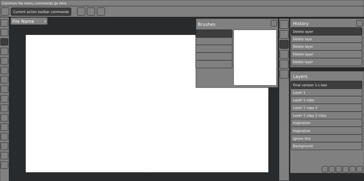 a mock-up of a photo editing interface. toolbars and panels/dialogs remain persistently visible as the controls they contain are necessary for editing of the editable image canvas.