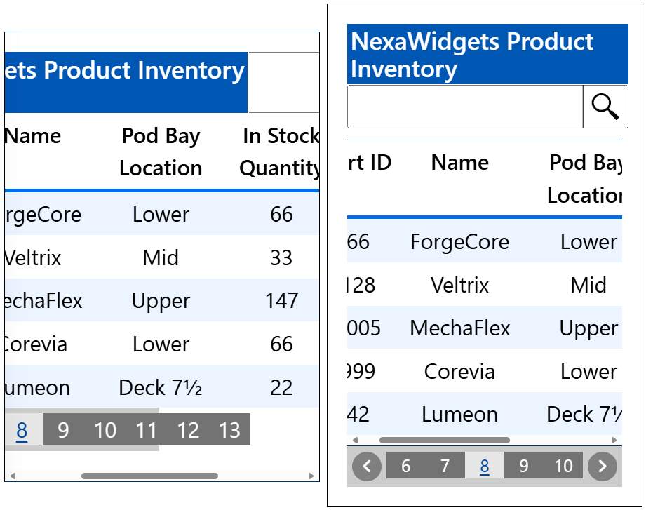 screenshots of a heading, searchbar, table and pagination. the failing example shows the heading and search bar appearing on the same horizontal page, and each extending outside of the visible area of the viewport. The pagination is similarly cut off and the 'next' button is missing.  The passing example shows the heading and search bar both within the 320px wide viewport, stacked on top of each other.  the table is within a scrollable area, and the pagination has been reduced in size to show fewer pages to navigate to, but the previous and next buttons are correctly present.